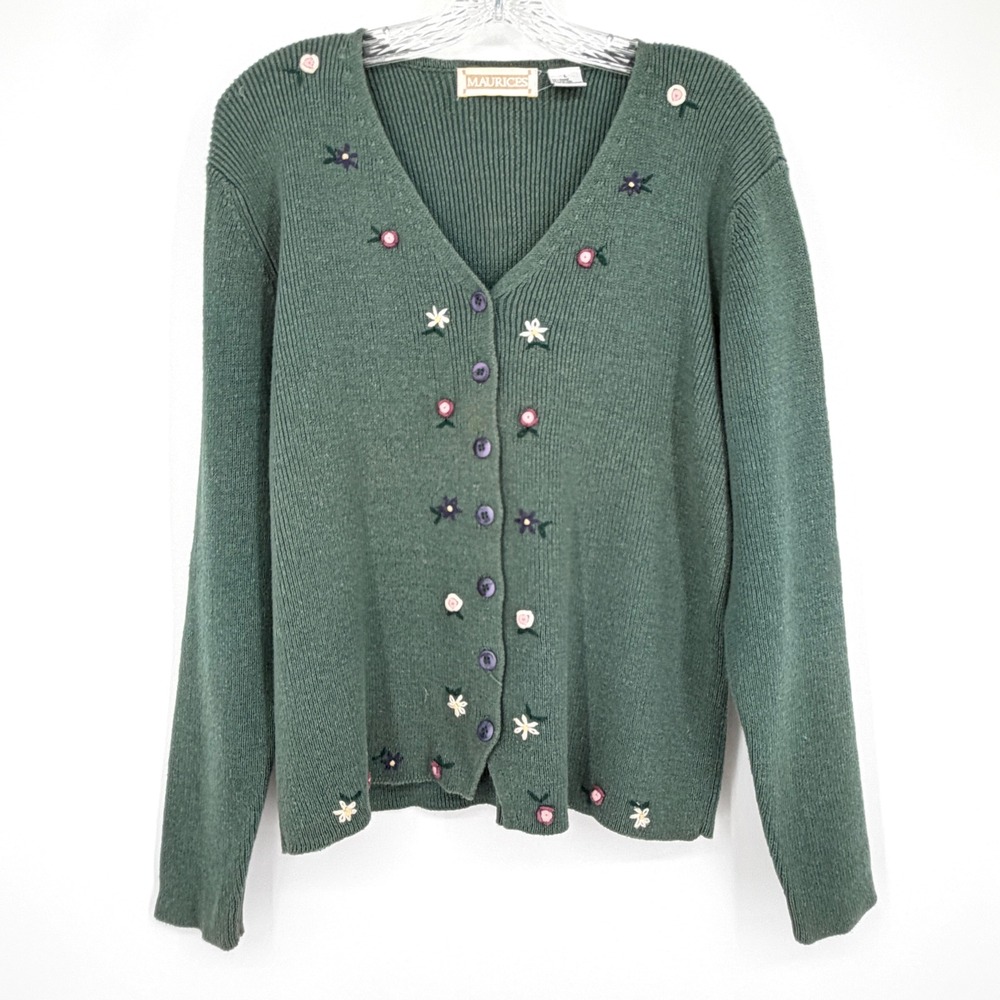 Vintage Maurices Cardigan Sweater Green Blue Floral Embroidered‎ Ramie Cotton L